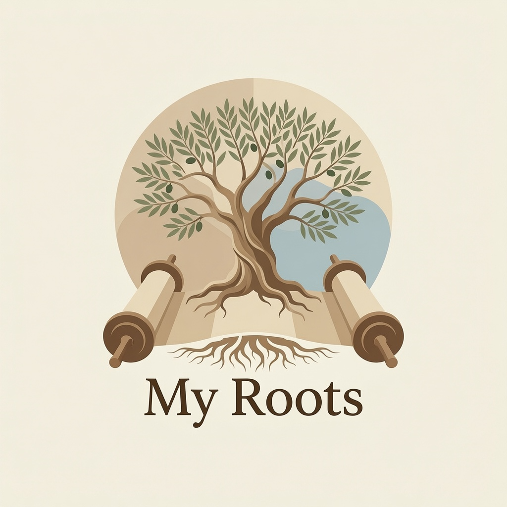 My Roots — an olive tree rooted through an open scroll before a world globe